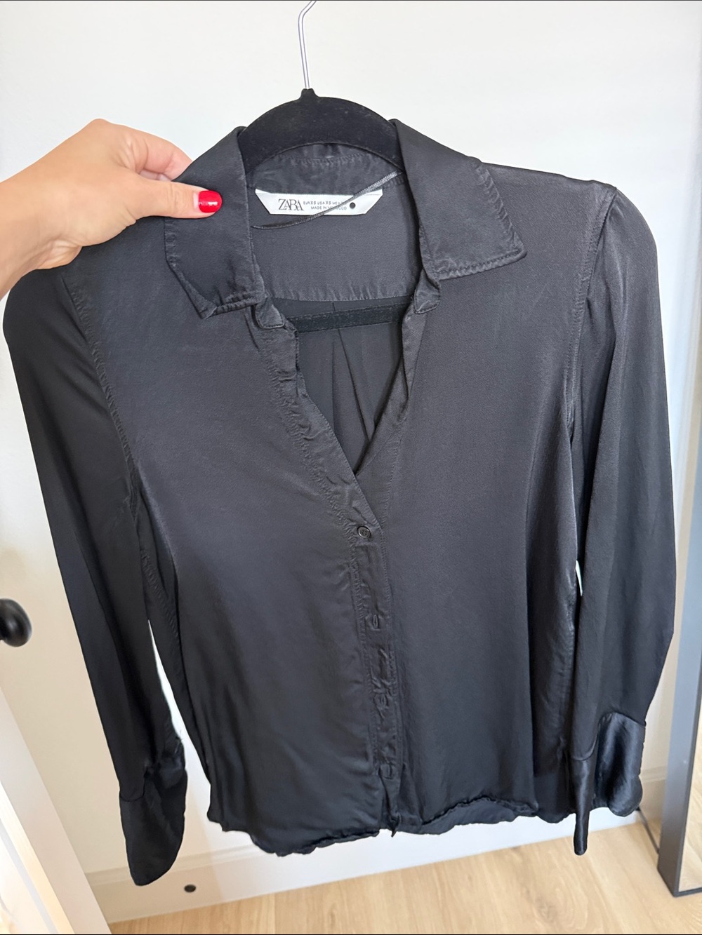 Zara Black Satin Button-Front Blouse